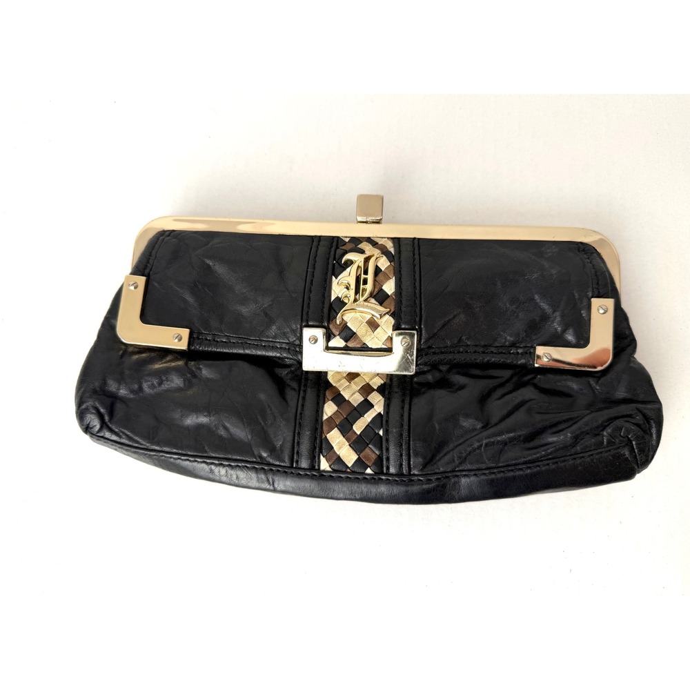 L.A.M.B.‎ Clutch Bag Womens Small Black Leather Woven Logo Gwen Stefani